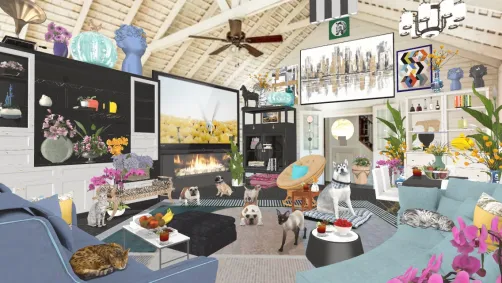 Barn style living room dining room combo with fireplace 