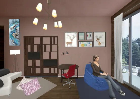 ruang baca sekaligus ruang santai dengan nuansa warna coklat tua memberi efek ketenangan dan kenyamanan tersendiri bagi pengguna .@happydesign Design Rendering