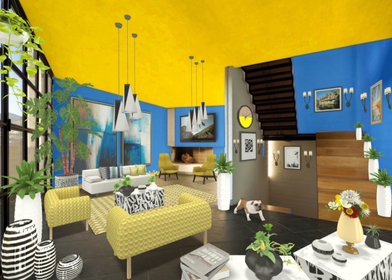 cozy modern apartment in blue and yellow tones Design Rendering