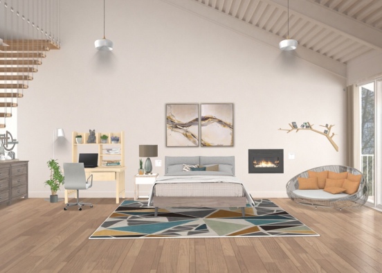 tan and turquoise and orange themed bedroom Design Rendering