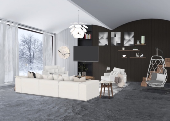 white, brown and gray themed living room Design Rendering