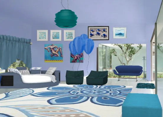 Кімната - спальня вітальня до синьої кухні... Design Rendering