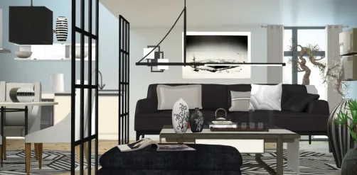 Living room with kitchen,  black en grey ⚘