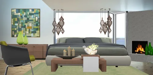 Modern bedroom with wood and green design at the beach 