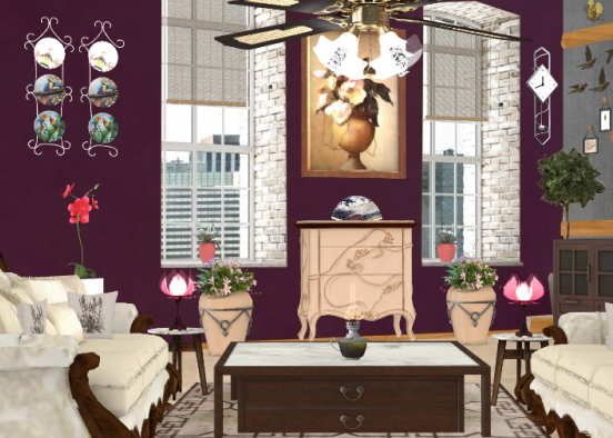 Sala en combinación con mármol y violeta.  Design Rendering