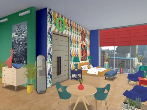 red yellow blue and green bicycle hotel room