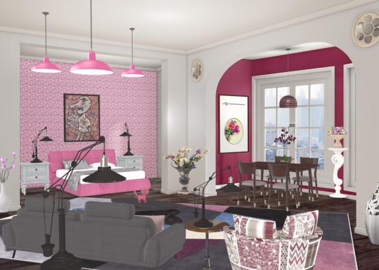 pinks and grays and black and white hotel room Design Rendering