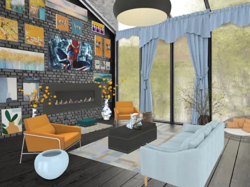 orange and blue contrast living room with grand art wall
