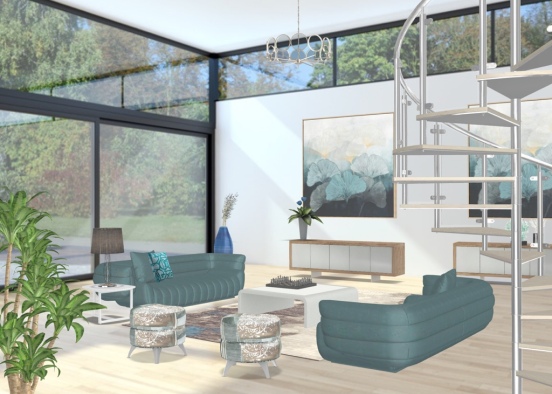 Living Room in moody blues Design Rendering