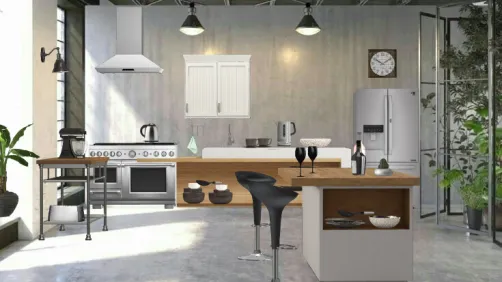 Interior gris claro con estilo cocina moderna.😊