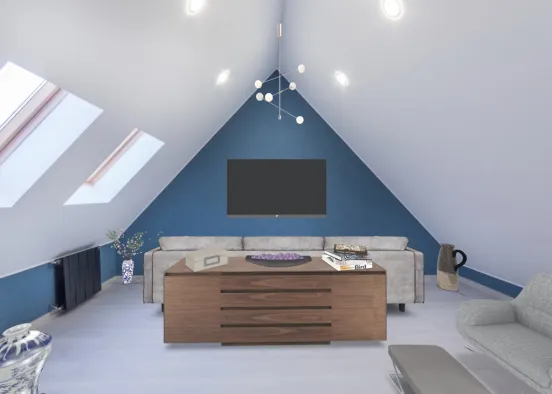 Blue Attic Living Room Design Rendering