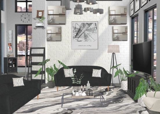 This living room gives me penthouse vibes , but black and white are always great to add in a design . although it doesn’t set a happy vibe due to the lack of bright colors .  Design Rendering