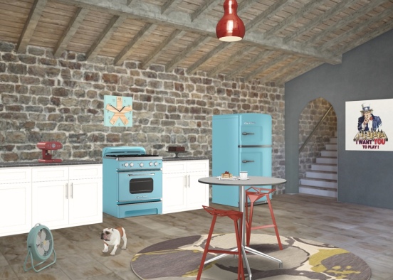 Red White And Blue Kitchen Design Rendering