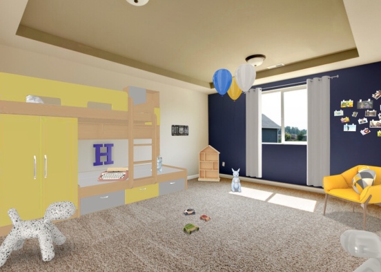 Blue and Yellow Kids Bedroom Design Rendering