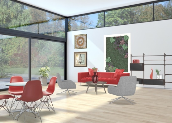 Red Living and Dining Design Rendering