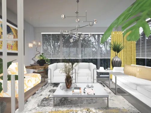 Sala de estar leve e aconchegante,com poucos elementos de decoração. Um tom de amarelo quebra a monotonia do branco.