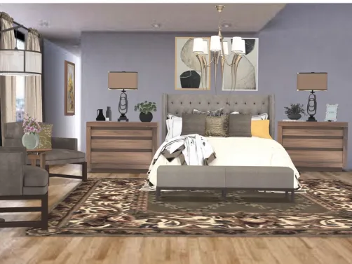 Elegante quarto de casal em tons neutros. A cama e sofás foram revestidos com camurça ,