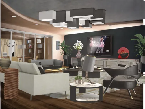 Sala de Estar moderna em tons de cinza,preto e rosa. Móveis modernos e elegantes.