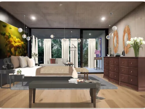Neste quarto de Casal,a varanda externa foi transformada em parte do ambiente com fechamento em vidro.