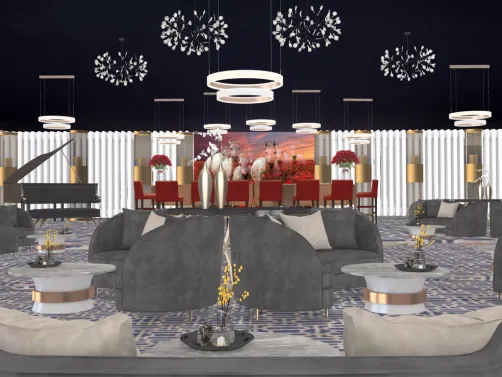 Piano Bar instalado em um hotel de luxo. O vermelho é a dominância nesta decoração.