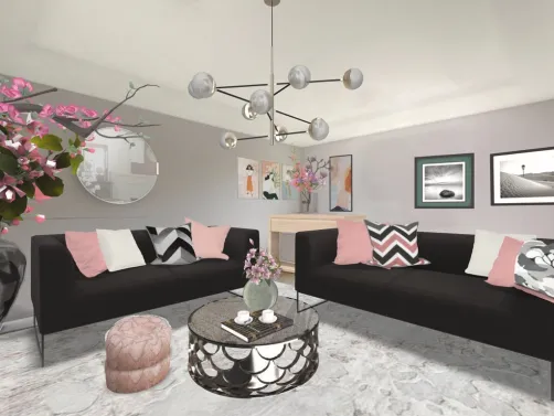Uma sala simples e harmoniosa. Rosa e cinza uma decoração juvenil.