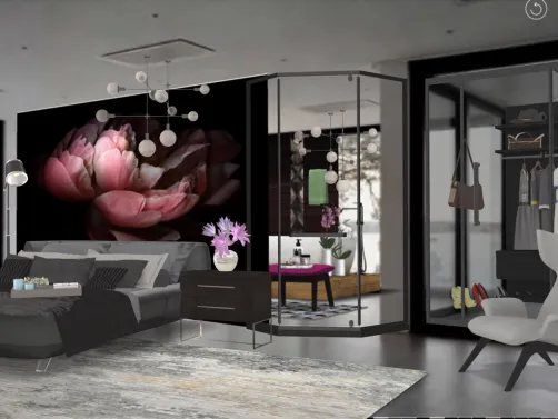 Quarto diferenciado e personalizado. O banheiro e o armário são separados por vidro dando idéia de continuidade do quarto. Uma bonita pintura completa a cabeceira da cama.