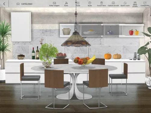 Copa e Cozinha com predominância em branco. parede revestida com mármore Carrara.
