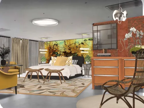 Quarto estiloso,diferenciado e com um bonito designer. Na cabeceira da cama foi usado papel de parede. Um projeto interessante.