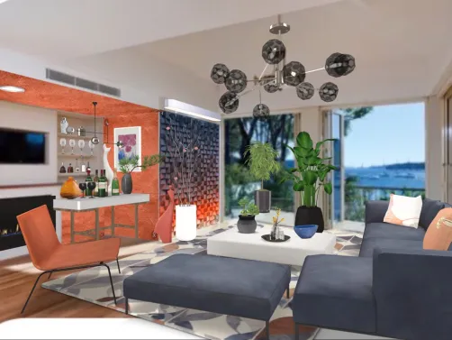 Um outro conceito para a mesma sala. Estilo contemporâneo moderno. Parede com madeira entalhada pintada nos tons de azul e laranja. Móveis em linha reta e leves.