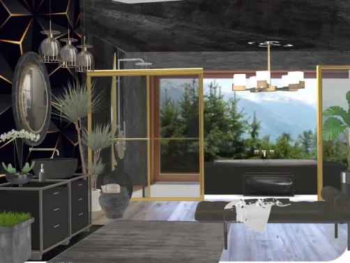 Esta casa no alto das montanhas tem todos os seus ambientes voltados para uma belíssima paisagem. Este amplo banheiro com revestimento e porcelanato preto e dourado e concreto queimado tem um janelão com uma belíssima vista.