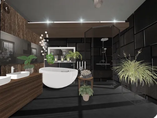 Este banheiro em tons de porcelanato e madeira escuros,com pouca iluminação foi projetado para ser um ambiente intimista e relaxante. O porcelanato e a madeira eu pesquisei no Pinterest.