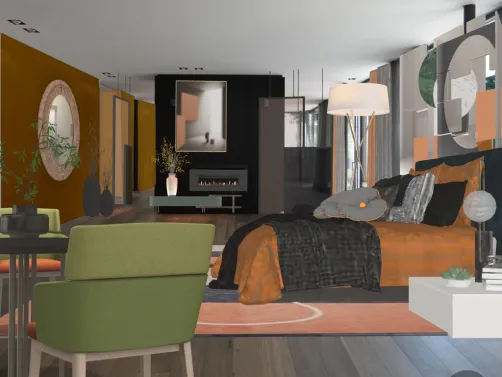 Suíte master personalizada,para um casal moderno. Nos tons ferrugem e laranja,com detalhes em verde, esta suíte ampla com janelões de vidro,tornou-se a atração da casa.