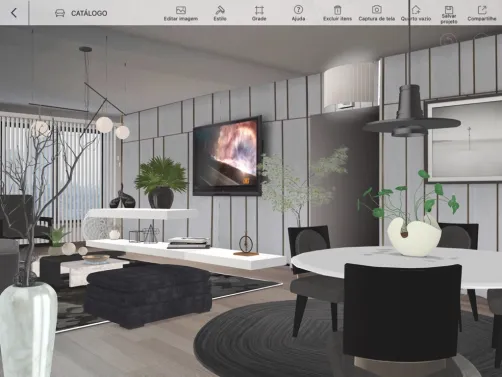 Projeto para um apartamento pequeno,com salas de estar e jantar integradas,estilo contemporâneo,no preto e branco para dar idéia de maior espaço. 
