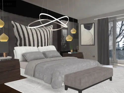 Quarto de casal personalizado e de bom gosto. Painel da cabeceira da cama,foi fabricado sobre encomenda,em formato de almofadas acolchoadas.