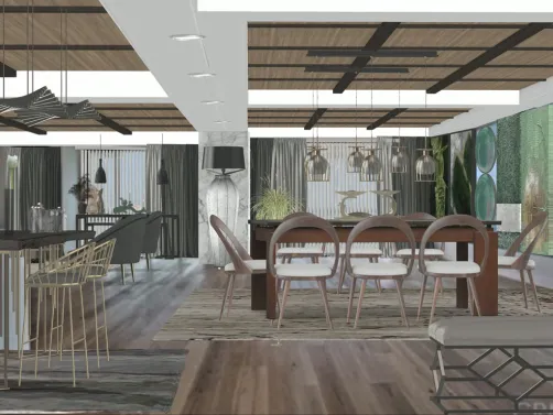 Sala ampla com três ambientes,sala de estar,jantar e bar. Decoração elegante e contemporânea.