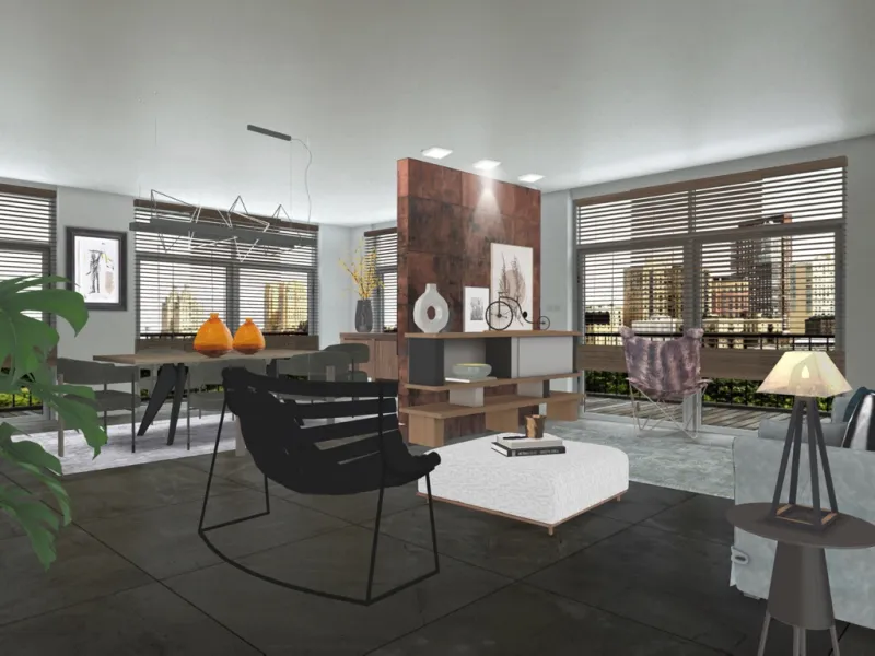 salas conjugadas e minimalistas — open-plan living and dining zone with floating furniture and clear sightlines