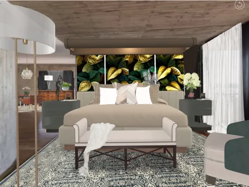 Belíssimo master quarto,com um bonito wallpaper para dar mais valor a cama.