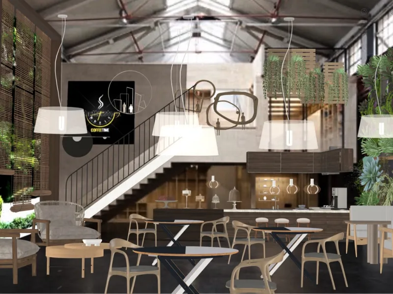 Cafetería Coffee Time por Eliane Siciliano — un diseño limpio y aireado con tonos de madera clara, estanterías lineales y espacio de mostrador despejado