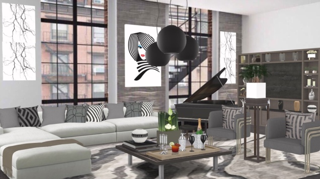 Modern MidCentury Grey and White Living Room