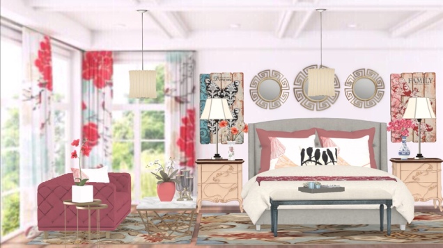 La Shabby Chic Coral, White and Gold Bedroom.