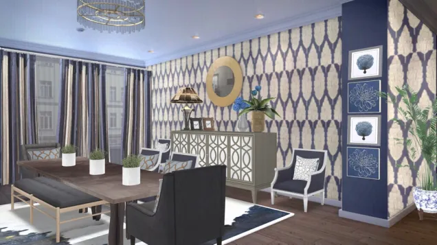 La Dark Blue, Gold and Silver Dining Room