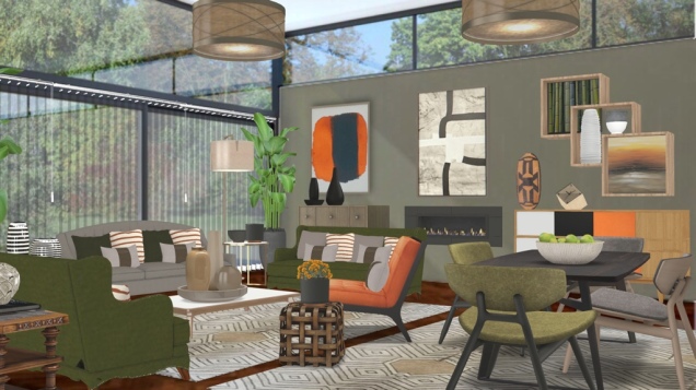 Olive Green, Grey and Orange MidCentury Living Room and Dining Room