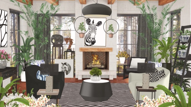 The Black and White Urban Jungle Living Room  ( with blue accents )