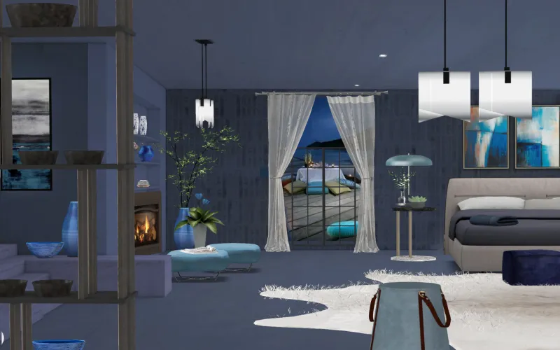 Modern urban bedroom with indigo feature wall, black metal bed frame, and brushed brass sconces
