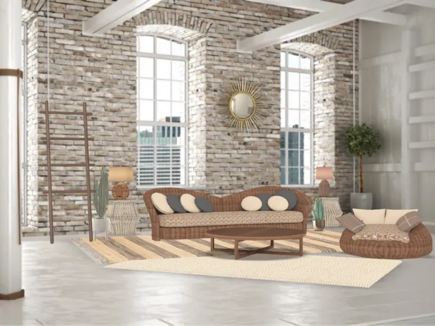 this living was inspired in the boho modern designs. mixing wood with rattan.