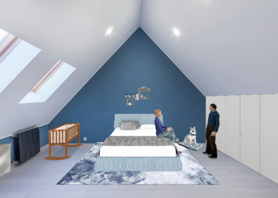 A bed room with a miny refregirator and a little pet with a bed and a family Design Rendering