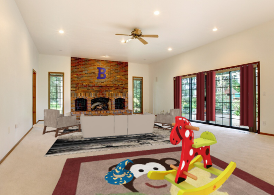 Living room with a space for kids to play. And a fire place  Design Rendering