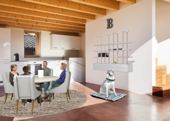 A kitchen with a little husky that my sis like with a dining table that my mom and her friends do talk Design Rendering