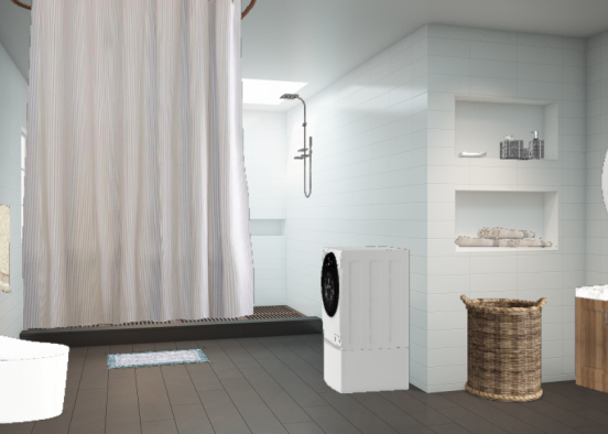 Bathroom with a courtain and washer for the clothes with a sink and yea youll see sorry if u dont like my desings but im from other and thats my style to make a house dont judge me ok ;-;  Design Rendering