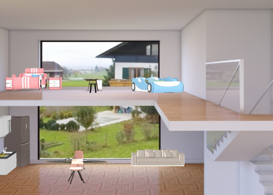 Kids bedroom, kitchen, and living room with outdoor view Design Rendering